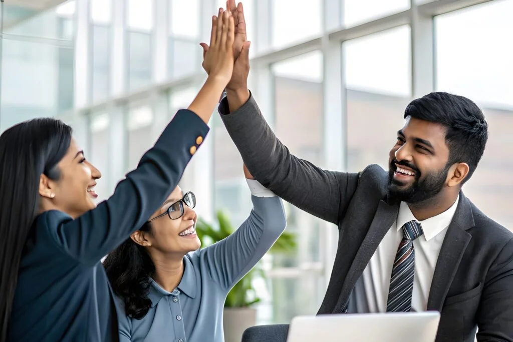 cheerful successful coworkers colleagues indian businessman african american businesswoman givin