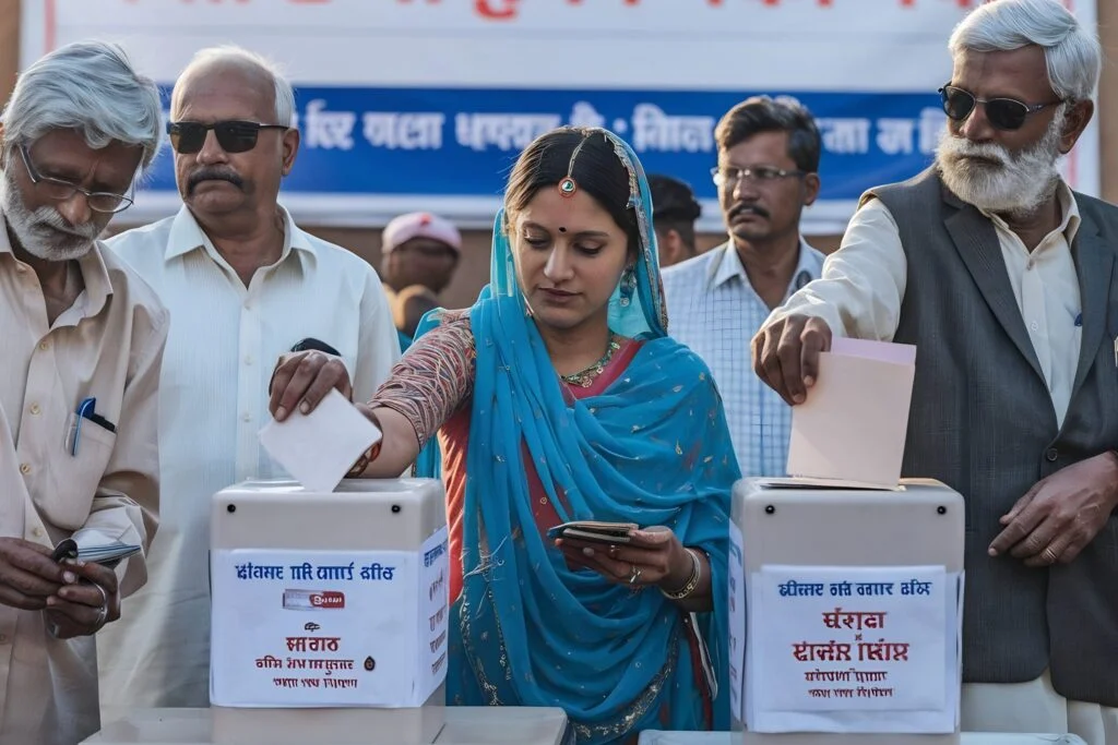 indian voters polling station men women traditional attire casting ballots outdoors with
