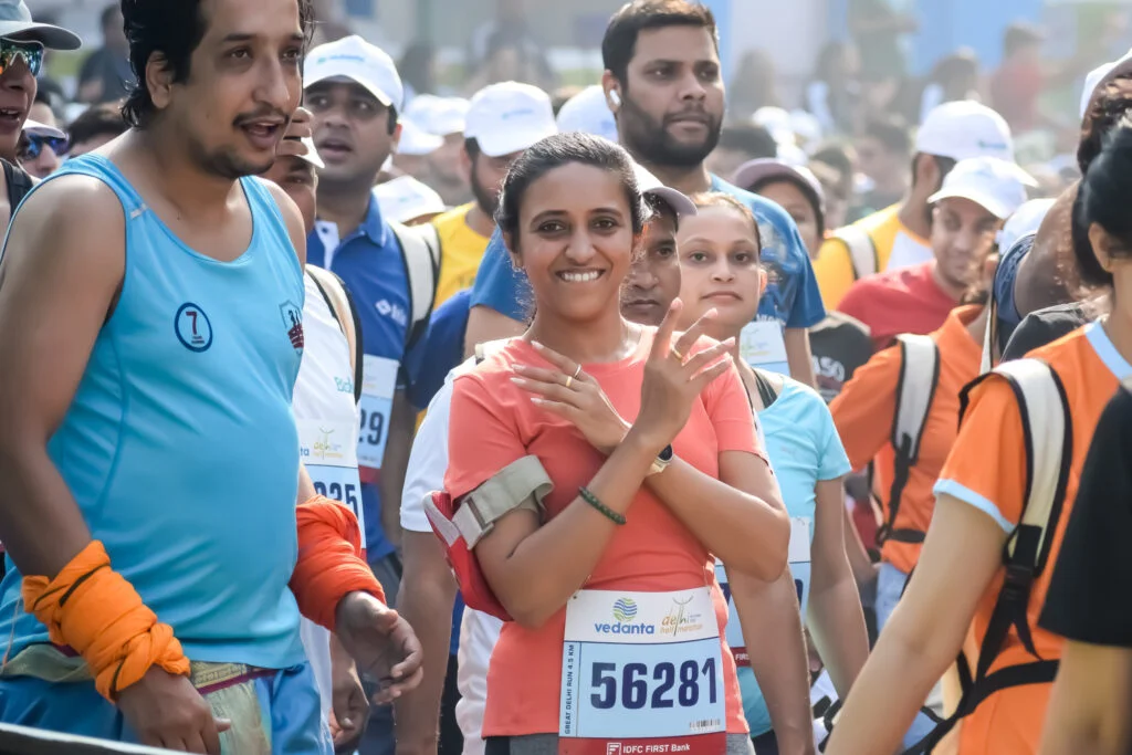 new delhi, india october 20 2024 vedanta delhi half marathon race after covid in which marathon participants about to cross the finish line, delhi half marathon 2024