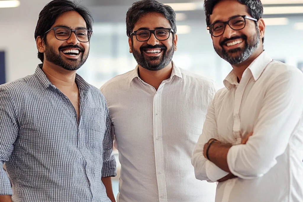 three men pose picture with one wearing glasses ai generated