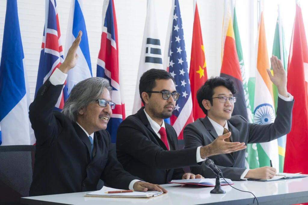 cooperation of international businessmen, international flag